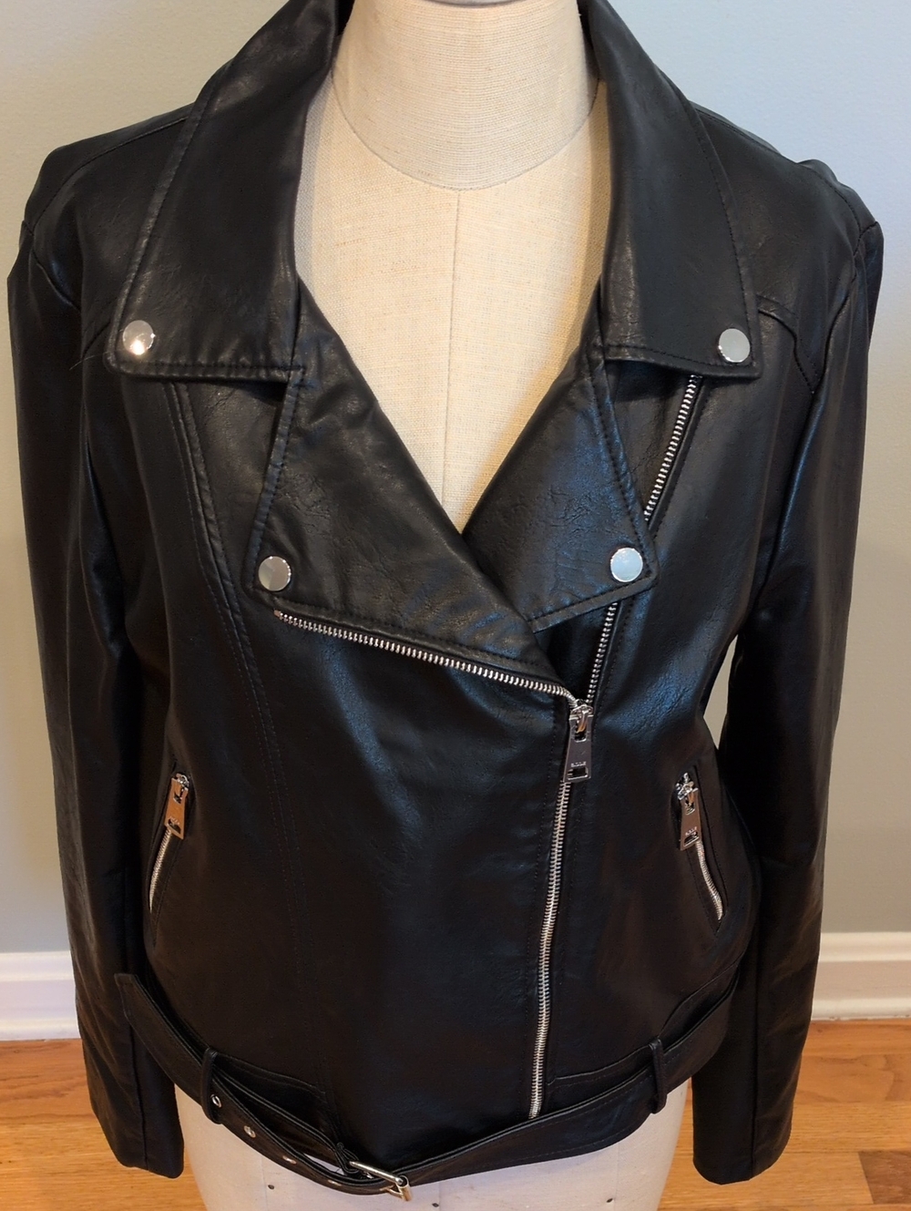 Elodie Black Faux Leather Moto Jacket with Belt XL